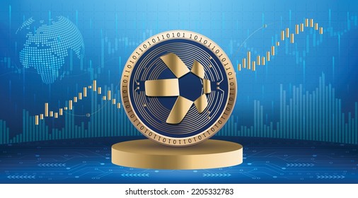 Quant QNT crypto currency coin logo and symbol over financial infographic background. Futuristic technology vector illustration banner and wallpaper 