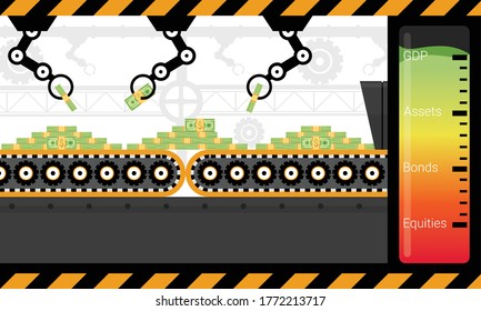 Quantitative Easing, finance and economy concept vector. Monetary policy. Design by lot of money on factory belt sliding to equities, bonds or assets for recover GDP. Inject fund into economy by QE