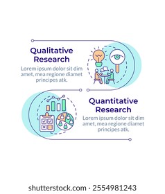 Quantitative and qualitative research methods infographic vertical sequence. Survey, statistics. Visualization infochart with 2 steps. Circles workflow