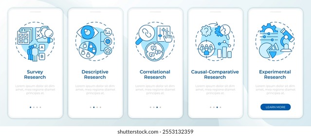 Métodos de investigación cuantitativa pantalla de App móvil de incorporación azul. Instrucciones gráficas editables de 5 pasos con conceptos lineales. PLANTILLA UI, UX, GUI