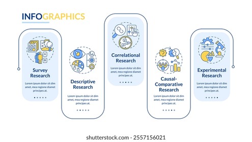 Quantitative research types rectangle infographic vector. Statistical tools, interviews. Data visualization with 5 steps. Editable rectangular options chart