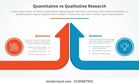 quantitative vs qualitative research data comparison opposite infographic concept for slide presentation with long arrow bar top direction long arrow bar top direction with flat style vector