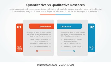 Comparación de datos de investigación cuantitativa vs cualitativa Concepto infográfico opuesto para presentación de diapositivas con lado de mesa grande creativo con Vector de estilo plano