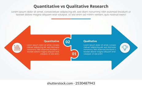 quantitative vs qualitative research data comparison opposite infographic concept for slide presentation with big arrow shape side by side opposite direction with flat style vector