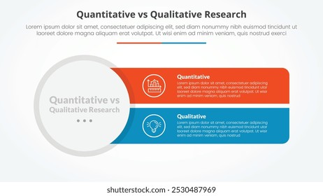 Comparación de datos de investigación cuantitativa vs cualitativa Concepto infográfico opuesto para presentación de diapositivas con gran circunferencia y rectángulo agudo con Vector de estilo plano