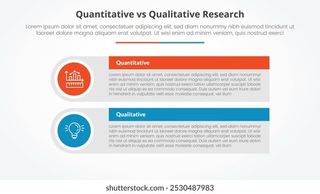 quantitative vs qualitative research data comparison opposite infographic concept for slide presentation with big rectangle table box with round circle edge with flat style vector