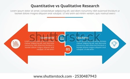 quantitative vs qualitative research data comparison opposite infographic concept for slide presentation with big arrow shape side by side opposite direction with flat style vector