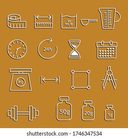 Quantities vector icons. Set of measure included icons line. Set of physical icons for measuring different quantities. Physical school table