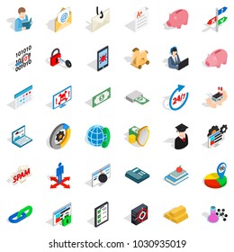 Quantity of money icons set. Isometric set of 36 quantity of money vector icons for web isolated on white background