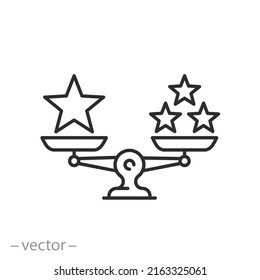 quantity versus quality, outcome attitude icon, stars superior, thin line symbol on white background - editable stroke vector illustration
