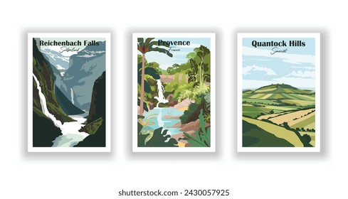 Quantock Hills, Somerset. Rainbow Springs, State Park. Reichenbach Falls, Switzerland - Set of 3 Vintage Travel Posters. Vector illustration. High Quality Prints