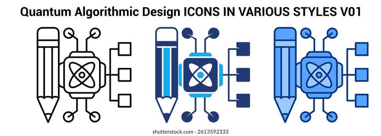 Quantum Algorithmic Design icon represented by chip, atom, algoritm diagram Line, Blue, Dualtone style.