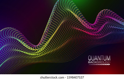Quantum background design with iridescent dots and lines array. Futuristic banner template.