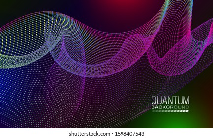 Quantum background design with iridescent dots and lines abstraction. Futuristic banner template.