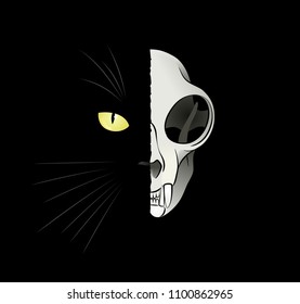 Quantum Cat - Dead-And-Alive. Feline head divided to 'alive' and 'dead' halves. Illustration on the subject of a paradox in Quantum Physique.