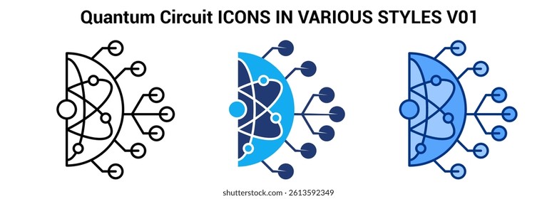 Quantum Circuit icon represented by atom, cirquit Line, Blue, Dualtone style.