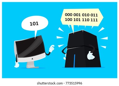 Quantum Computer. Classic Bit Versus Quant Qubit. Cartoon Style Vector Illustration