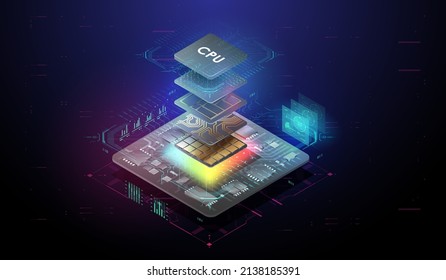 Quantum computer database concept. Futuristic microchip processor. Tech Futuristic Template. Digital chip with HUD elements. Modern CPU illustration . Central Computer Processors.