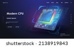 Quantum computer database concept. Modern CPU illustration . Central Computer Processors. Futuristic microchip processor. Tech Futuristic Template. Digital chip with HUD elements.