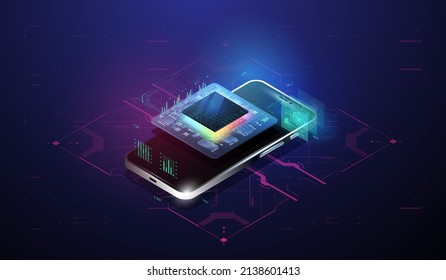 Quantum computer database concept. Tech Futuristic Template. Futuristic microchip processor. Modern CPU illustration . Digital chip with HUD elements. Central Computer Processors.