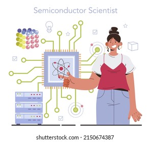 Computadora cuántica en desarrollo. Tecnología de cálculos innovadores. Ingenieros y científicos que trabajan en chips cuánticos de computadora, diseño y fabricación de semiconductores. Ilustración vectorial plana