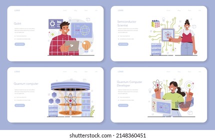Quantum computer developing web banner or landing page set. Innovative calculations technology. Scientists working on quantum computer chip, semiconductor manufacturing. Flat vector illustration