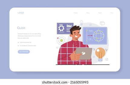 Quantum computer developing web banner or landing page. Innovative calculations technology. Scientists working on quantum computer chip, semiconductor manufacturing. Flat vector illustration