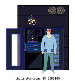 Quantum computer and engineer standing in front of it. Quantum and computer engineering concept vector illustration isolated on white background.