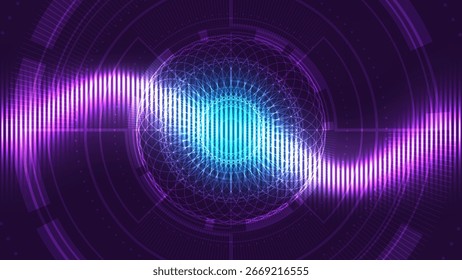 Tecnologia de engenharia de computação quântica. Inteligência artificial conecta o cérebro mecânico. Rede de ciência neural abstrata. Onda sonora digital