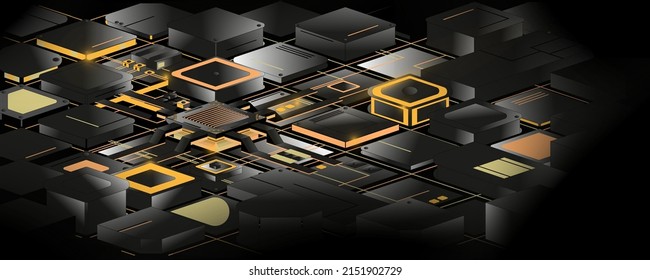 Quantum computer. A futuristic microchip processor with components. Technology for development of electronic devices on microprocessor. 