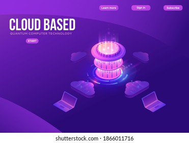 Quantum computer futuristic processor, chip with network, isometric vector illustration, glowing purple design, innovation cloud computing technology