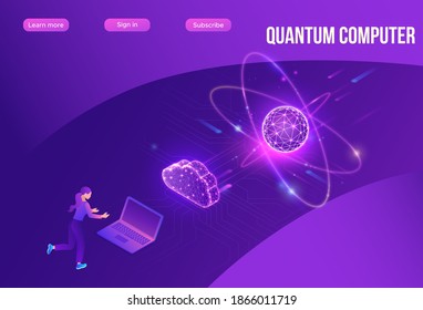 Quantum Computer Futuristic Processor, Chip With Network, People Work On Laptop, Isometric Vector Illustration, Glowing Purple Design, Innovation Cloud Computing Technology