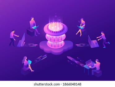 Quantum Computer Futuristic Processor, Chip With Network, People Work On Laptop, Isometric Vector Illustration, Glowing Purple Design, Innovation Cloud Computing Technology