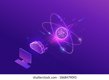 Quantum Computer Futuristic Processor, Chip With Network, Isometric Vector Illustration, Glowing Purple Design, Innovation Cloud Computing Technology