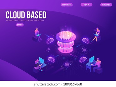 Quantum Computer Futuristic Processor, Chip With Network, People Work On Laptop, Isometric Vector Illustration, Glowing Purple Design, Innovation Cloud Computing Technology