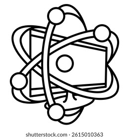 Quantum Computer icon represented by monitor, atom Line style.