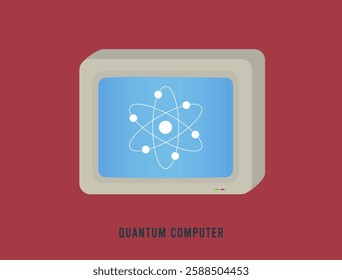 Quantum computer illustration with retro monitor displaying atom symbol. Concept of quantum computing, futuristic technology, data processing, advanced computation and next-gen computing systems