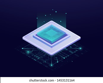 Quantum computer, large data processing, server room, data base concept, the microprocessor isometric vector
