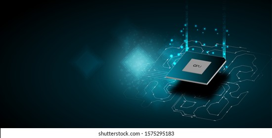 Quantum computer, large data processing, database concept.CPU isometric banner. Central Computer Processors CPU concept.Digital chip Futuristic microchip processor with lights on the blue background.