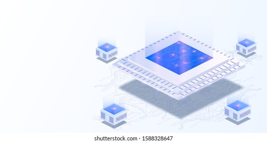 Quantum computer, large data processing, server room, data base concept. Futuristic CPU. Quantum processor in the global computer network.  CPU isometric banner. Vector illustration