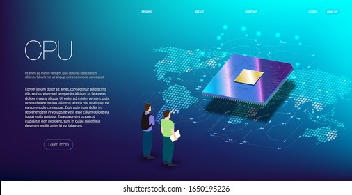 Quantum computer, large data processing, database concept.CPU isometric banner. Central Computer Processors CPU concept.Digital chip Futuristic microchip processor with lights on the blue background.