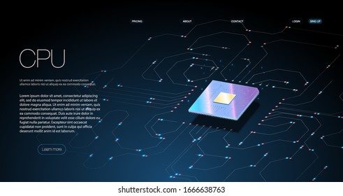 Quantum computer, large data processing, database concept.CPU isometric banner. Central Computer Processors CPU concept.Digital chip Futuristic microchip processor with lights on the blue background.
