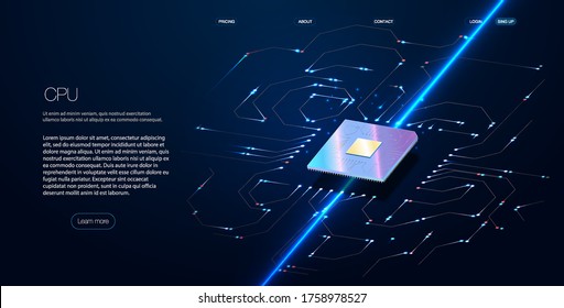 Quantum computer, large data processing, database concept.CPU isometric banner. Central Computer Processors CPU concept.Digital chip Futuristic microchip processor with lights on the blue background.