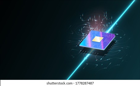 Quantum computer, large data processing, database concept.CPU isometric banner. Central Computer Processors CPU concept.Digital chip Futuristic microchip processor with lights on the blue background.