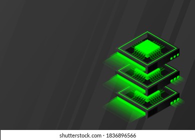 Quantum computer, large data processing, server room, artificial intelligence, data base concept, the microprocessor isometric vector