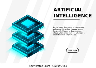 Quantum computer, large data processing, server room, artificial intelligence, data base concept, the microprocessor isometric vector