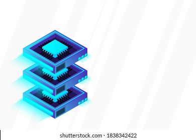 Quantum computer, large data processing, server room, artificial intelligence, data base concept, the microprocessor isometric vector