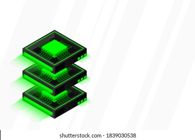 Quantum computer, large data processing, server room, artificial intelligence, data base concept, the microprocessor isometric vector