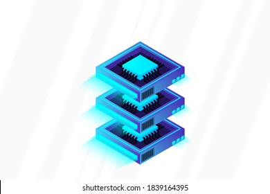 Quantum computer, large data processing, server room, artificial intelligence, data base concept, the microprocessor isometric vector