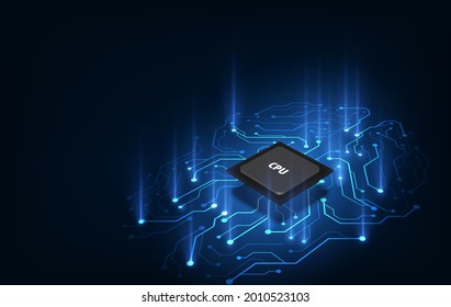 Quantum computer, large data processing, database concept.CPU isometric banner. Central Computer Processors CPU concept.Digital chip Futuristic microchip processor.